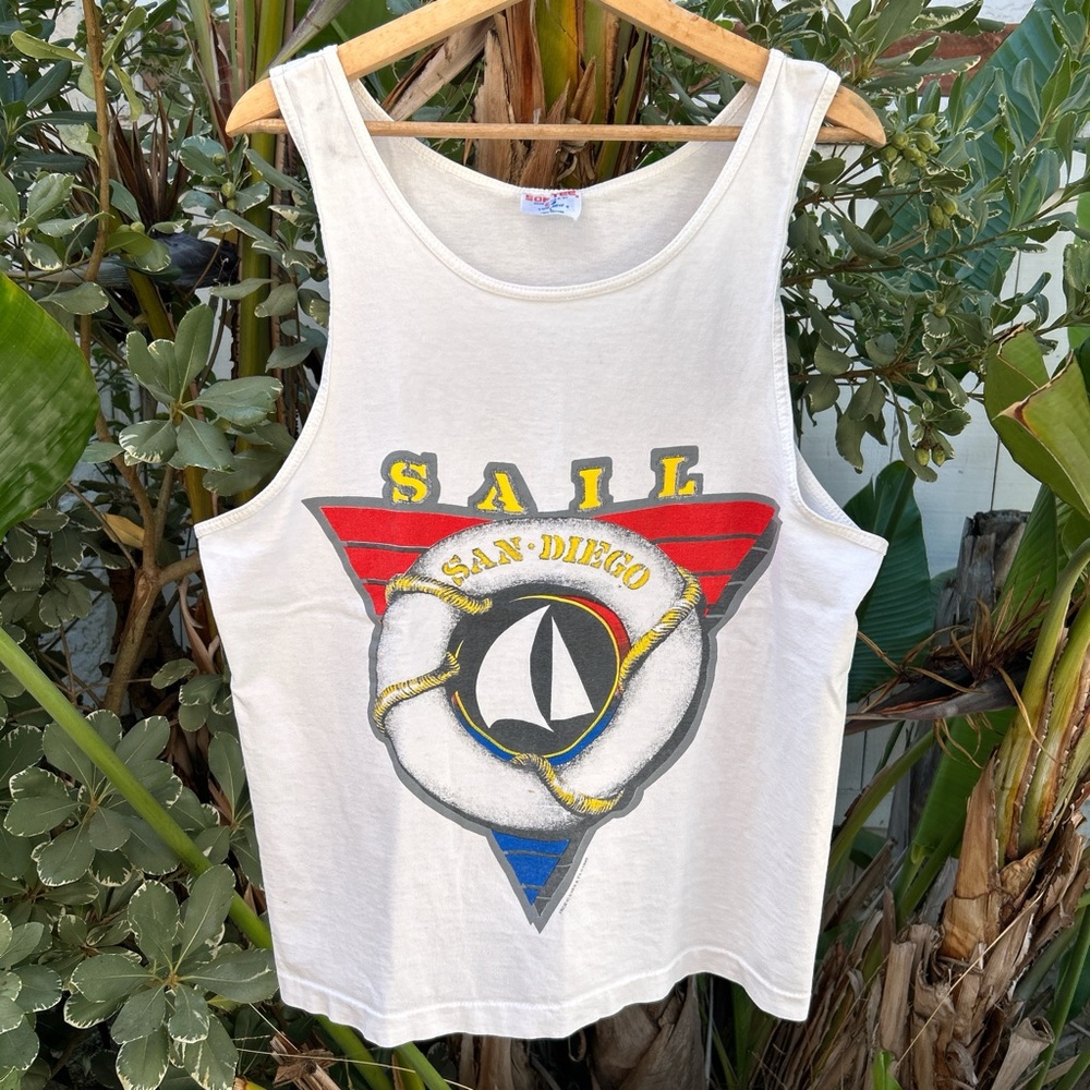 Vintage 80s Sail San Diego Tank Top Sof Tee USA Nautical Graphic
